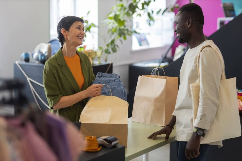 Vendedora atendendo cliente numa loja de roupas